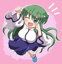 Rule 34 | 1girl, arm up, blue footwear, blue skirt, blush, breasts, detached sleeves, frog hair ornament, full body, green eyes, green hair, hair ornament, hair tubes, highres, japanese clothes, kochiya sanae, large breasts, long hair, nontraditional miko, one eye closed, open mouth, rokugou daisuke, shoes, signature, skirt, smile, snake hair ornament, solo, touhou, white sleeves, wide sleeves