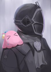 Rule 34 | &gt; &lt;, 1boy, absurdres, animal, animal on shoulder, animalization, black coat, bocchi the rock!, bondrewd, closed eyes, coat, commentary request, crossover, crying, cube hair ornament, gotoh hitori, gotoh hitori (octopus), grey background, grey scarf, hair ornament, helm, helmet, highres, made in abyss, male focus, one side up, ra ru ni, scarf, solo, tears, upper body, whistle