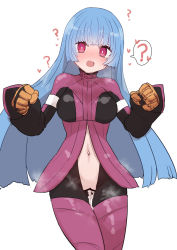 Rule 34 | 1girl, blue hair, blush, bodysuit, breasts, censored, confused, cropped jacket, cum, highres, kula diamond, medium breasts, red eyes, sumiyao (amam), sweat, the king of fighters