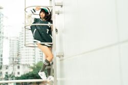 Rule 34 | 1girl, asian, bottomless, chinese (nationality), chunmomo0127, climbing, climbing ladder, closed mouth, green baseball cap, green jacket, green socks, hat, jacket, ladder, looking to the side, looking up, naked jacket, no panties, no pants, outdoors, real life, shoes, smile, sneakers, socks, white footwear, white sneakers