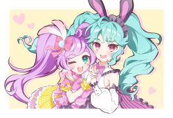 Rule 34 | 2girls, :d, ;d, ahoge, animal ear hairband, bare shoulders, black hairband, blue hair, border, bow, commentary request, detached sleeves, drill hair, gloves, green eyes, hair bow, hairband, hand up, heart, holding hands, idol clothes, idol land pripara, katasumi amari, long hair, long sleeves, looking at viewer, manaka laala, multiple girls, one eye closed, open mouth, pink bow, pink eyes, pretty series, pripara, puffy detached sleeves, puffy sleeves, purple hair, rabbit ear hairband, rabbit ears, renkon (renrenrenkonkon), smile, standing, twin drills, twintails, very long hair, white border, white gloves
