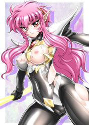 Rule 34 | 1girl, armor, bodysuit, breasts, cameltoe, cleft of venus, covered erect nipples, covered navel, damaged, drop shadow, gem, long hair, looking at viewer, magic knight rayearth, nipples, nova (rayearth), pink hair, pointy ears, red eyes, sakura ryuuken, see-through, solo, standing, torn bodysuit, torn clothes