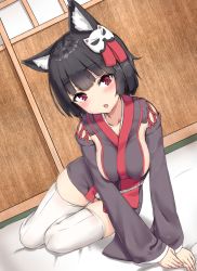 Rule 34 | 1girl, animal ears, azur lane, black hair, blush, breasts, cat ears, detached sleeves, futon, hair ornament, highres, indoors, japanese clothes, kimono, large breasts, looking at viewer, red eyes, reinama, seiza, short hair, sideboob, sitting, smile, solo, thighhighs, white thighhighs, wide sleeves, yamashiro (azur lane)