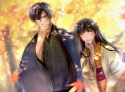 Rule 34 | 1boy, 1girl, autumn leaves, blunt bangs, blurry, blurry background, blush, bow, brown hair, closed eyes, dating, day, dutch angle, facing viewer, floral print, glasses, green bow, grey eyes, hair bow, hand up, hetero, izumi (stardustalone), japanese clothes, kimono, leaf, long hair, looking at another, maple leaf, original, outdoors, parted bangs, renri no chigiri wo kimi to shiru, tree, wide sleeves