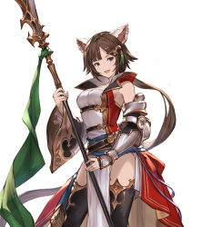 Rule 34 | 10s, 1girl, animal ears, artist request, black thighhighs, breasts, brown hair, cleavage, detached sleeves, gauntlets, granblue fantasy, hair ornament, kemonomimi mode, leona (granblue fantasy), long hair, low ponytail, medium breasts, minaba hideo, polearm, sash, simple background, single gauntlet, smile, solo, spear, thighhighs, third-party edit, very long hair, weapon, white background