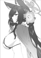 Rule 34 | 1girl, animal ear fluff, animal ears, bikini, blue archive, blush, breasts, flower, fox ears, from side, greyscale, hair flower, hair ornament, halo, highres, jun project, large breasts, long hair, looking at viewer, looking to the side, monochrome, simple background, solo, swimsuit, upper body, wakamo (blue archive), wakamo (swimsuit) (blue archive), white background