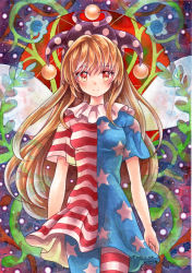 Rule 34 | 1girl, absurdres, american flag dress, american flag legwear, blonde hair, blush, breasts, closed mouth, clownpiece, cowboy shot, dated, dress, fairy wings, hat, highres, jester cap, light smile, long hair, looking at viewer, marker (medium), mosho, neck ruff, pantyhose, polka dot, purple hat, red eyes, short dress, short sleeves, small breasts, solo, star (symbol), star print, striped, touhou, traditional media, transparent wings, very long hair, wings