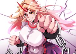 Rule 34 | 1girl, absurdres, blonde hair, breasts, chain, clenched hands, commentary request, covered navel, cuffs, from above, fugaku (miko no miyatsuguchi), gradient hair, highres, horns, hoshiguma yuugi, large breasts, long hair, looking at viewer, multicolored hair, muscular, muscular female, oni, outstretched arm, red eyes, red horns, shackles, shirt, short sleeves, single horn, skirt, smile, solo, star (symbol), touhou, upper body, white shirt