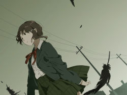 Rule 34 | 1990s (style), 1girl, asymmetrical hair, bad id, bad pixiv id, black feathers, brown eyes, brown hair, dutch angle, feathers, from below, green skirt, hair tie, hanno, iwakura lain, looking away, miniskirt, outdoors, plaid, plaid skirt, pleated skirt, power lines, school uniform, serial experiments lain, sidelocks, skirt, sky, solo, utility pole, wind