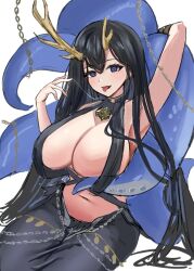 Rule 34 | 1girl, artist request, azur lane, black hair, blue eyes, blue tentacles, breasts, chain, cleavage, drooling, feet out of frame, female focus, golden hind (azur lane), horns, large breasts, looking at viewer, navel, open mouth, revealing clothes, saliva, saliva trail, simple background, sitting, smile, solo, tentacles, tongue, tongue out, upper body, white background