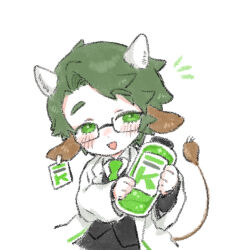 Rule 34 | 1boy, animal ears, black jacket, blush, can, coat, collared shirt, cow ears, cow horns, cow tail, dongrang (project moon), e.g.o (project moon), ear tag, glasses, green eyes, green hair, green necktie, holding, holding can, horns, jacket, limbus company, male focus, necktie, open mouth, project moon, shirt, smile, solo, tail, uchimura (rino0525), white coat, white shirt