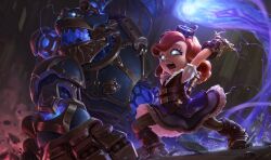 Rule 34 | 1girl, annie (league of legends), arms up, bad source, belt, brown belt, brown footwear, brown pants, brown vest, electricity, frilled shirt, frilled skirt, frills, goggles, goggles on head, grey skirt, hextech annie, league of legends, leaning forward, mecha, medium hair, official alternate costume, open mouth, pants, puffy short sleeves, puffy sleeves, red hair, robot, sharp teeth, shirt, short sleeves, skirt, standing, striped clothes, striped pants, teeth, tibbers, vest, white eyes, white shirt