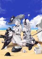 Rule 34 | 10s, 2girls, absurdly long hair, abyssal ship, ass, bandage on face, bandages, beach, black-framed eyewear, black footwear, black gloves, black legwear, black panties, blue eyes, blush, boots, braid, breasts, bruise, burnt clothes, cleaning face, cloud, cloudy sky, colored skin, convenient censoring, covering breasts, covering privates, day, dress, first aid kit, flower, flying sweatdrops, gauntlets, gloves, glowing, glowing eyes, hair over one eye, hand on another&#039;s cheek, hand on another&#039;s face, hat, hat flower, headphones, high heels, highres, horns, injury, kantai collection, large breasts, long hair, magu (mugsfc), multiple girls, ocean, open mouth, outdoors, panties, seaport summer princess, single braid, sitting, sky, squiggle, sun hat, supply depot princess, torn clothes, underwear, very long hair, white dress, white hair, white hat, white skin