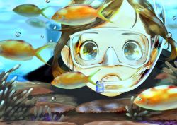 Rule 34 | 1girl, brown eyes, brown hair, bubble, close-up, commentary, diving mask, fish, goggles, highres, looking at viewer, ocean, original, reflection, sako (35s 00), solo, swimming, underwater