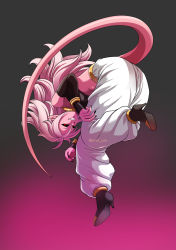 Rule 34 | 1girl, android 21, black sclera, boots, breasts, colored sclera, colored skin, dragon ball, dragon ball fighterz, harem pants, high heel boots, high heels, highres, majin (race), majin android 21, messy hair, nail polish, pants, pink skin, red eyes, solo, tail