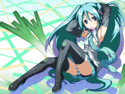 Rule 34 | adjusting hair, armpits, caryo, flat chest, hatsune miku, highres, long hair, mouth hold, necktie, panties, skirt, striped clothes, striped panties, tabigarasu, thighhighs, twintails, underwear, very long hair, vocaloid, vocaloid2, wallpaper