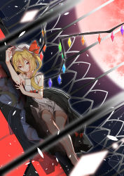 Rule 34 | 1girl, absurdres, alternate costume, barefoot, blonde hair, crystal, dress, dutch angle, flandre scarlet, freeze (867139), full body, hat, hat ribbon, highres, looking at viewer, lying, mob cap, moon, nail polish, night, night sky, on side, red eyes, red moon, reflection, ribbon, side ponytail, sky, sleeveless, solo, touhou, wings