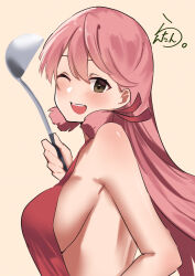 Rule 34 | 1girl, absurdres, akashi (kancolle), alternate costume, apron, bare shoulders, blunt tresses, blush, border, breasts, brown background, brown eyes, commentary request, hair ribbon, highres, holding, holding ladle, kantai collection, ladle, lanthan, large breasts, long hair, looking at viewer, naked apron, one-hour drawing challenge, one eye closed, open mouth, pink hair, ribbon, sideboob, simple background, smile, solo, tress ribbon, upper body, very long hair, white border