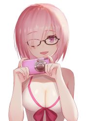 Rule 34 | 1girl, absurdres, bare shoulders, blush, bow, breasts, camera, cleavage, dolce (dolsuke), dress swimsuit, fate/grand order, fate (series), glasses, hair over one eye, highres, large breasts, light purple hair, looking at viewer, mash kyrielight, mash kyrielight (swimsuit of perpetual summer), official alternate costume, one-piece swimsuit, pink bow, purple eyes, short hair, smile, solo, swimsuit, transparent background, white one-piece swimsuit