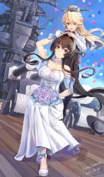 Rule 34 | 2021, 2girls, absurdres, blonde hair, blue eyes, breasts, brown eyes, brown hair, cleavage, dated, dress, female focus, flower, gloves, hair between eyes, hair flower, hair ornament, hat, highres, himeyamato, historical name connection, iowa (kancolle), jacket, kantai collection, long hair, looking at viewer, matching hair/eyes, military jacket, multiple girls, name connection, open mouth, party hat, ponytail, self-upload, smile, yamato (kancolle)