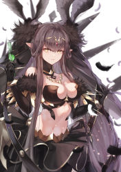 Rule 34 | 1girl, absurdres, bare shoulders, black feathers, blush, breasts, brown hair, cleavage, covered erect nipples, cup, drinking glass, fate/apocrypha, fate/grand order, fate (series), feathers, highres, large breasts, long hair, looking at viewer, pointy ears, semiramis (fate), sidelocks, slit pupils, solo, ura illust, very long hair, yellow eyes