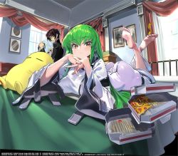 Rule 34 | 1boy, 1girl, ashford academy school uniform, ass, bedroom, black hair, breast rest, breasts, c.c., code geass, code geass: genesic re;code, commentary request, crossed ankles, feet, feet up, green hair, head rest, legs together, lelouch vi britannia, looking at viewer, lying, official art, on stomach, school uniform, skin tight, skindentation, solo focus, the pose, whoopin, yellow eyes
