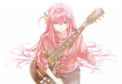 Rule 34 | 1girl, absurdres, arm support, black skirt, blue eyes, blush, bocchi the rock!, cube hair ornament, electric guitar, gibson les paul, gotoh hitori, guitar, hair ornament, highres, instrument, jacket, long hair, looking ahead, one side up, pink hair, pink jacket, simple background, sitting, skirt, sleeves pushed up, solo, straight hair, sweatdrop, very long hair, white background, zuzu (wckd7545)