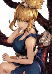 Rule 34 | 1girl, bare arms, bare shoulders, blonde hair, blue dress, blue eyes, branch, breasts, collarbone, dr. stone, dress, earrings, hair between eyes, hair tie, high heels, high ponytail, highres, jewelry, kohaku (dr. stone), looking back, magion02, ponytail, rope, rope belt, solo, thighs, white background, white footwear