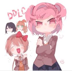 Rule 34 | 4girls, :/, :d, ^ ^, aqua eyes, bad id, bad twitter id, black hair, black skirt, blush, bow, brown hair, buttons, closed eyes, closed mouth, collared shirt, copyright name, crossed arms, doki doki literature club, fang, g perarikku, grey jacket, hair bow, hair intakes, heart, heart in mouth, holding, jacket, long hair, long sleeves, monika (doki doki literature club), multiple girls, natsuki (doki doki literature club), noose, open clothes, open jacket, open mouth, orange hair, pink eyes, pink hair, purple eyes, red bow, sayori (doki doki literature club), shirt, short hair, simple background, skirt, smile, spoilers, two side up, upper body, white background, white bow, white shirt, yuri (doki doki literature club)