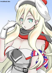 Rule 34 | 10s, 1girl, belt, beret, blonde hair, blue background, blue eyes, breasts, cleavage, dress, eyelashes, gloves, gradient background, hair between eyes, hat, kantai collection, long hair, mole, mole under eye, mole under mouth, open mouth, richelieu (kancolle), roshiakouji-chan, scarf, very long hair, white hat