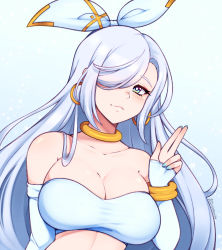 Rule 34 | 1girl, android 21, artist name, bare shoulders, blue eyes, blue nails, blush, bracelet, breasts, cleavage, closed mouth, collarbone, commission, cosplay, dragon ball, earrings, elbow gloves, fingerless gloves, genshin impact, gloves, hair over one eye, highres, hoop earrings, jewelry, large breasts, long hair, looking at viewer, majin android 21, majin android 21 (cosplay), nail polish, shenhe (genshin impact), smile, solo, the scarlet devil, upper body, v, white gloves, white hair