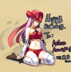 Rule 34 | 1girl, bare shoulders, belt, gun, hat, long hair, midriff, navel, purple eyes, purple hair, revealing clothes, seinen, short shorts, shorts, sitting, smile, solo, striped clothes, striped thighhighs, thighhighs, weapon