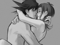 Rule 34 | 1boy, 1girl, arm around neck, blush, breasts, chorin (yl), commentary request, completely nude, couple, eye contact, fudo yusei, greyscale, hair intakes, hand in another&#039;s hair, hetero, highres, hug, imminent kiss, izayoi aki, long hair, looking at another, medium breasts, monochrome, nude, open mouth, shoulder blades, sideboob, spiked hair, yu-gi-oh!, yu-gi-oh! 5d&#039;s