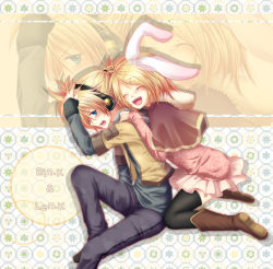 Rule 34 | 1boy, 1girl, animal ears, bad id, bad pixiv id, blonde hair, blue eyes, blush, brother and sister, rabbit ears, chirota, closed eyes, headphones, kagamine len, kagamine rin, short hair, siblings, smile, thighhighs, twins, vocaloid, zoom layer