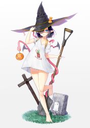 Rule 34 | 1girl, absurdres, barefoot, black hair, blue eyes, candy hat ornament, cross, detached wings, flower pot, full body, ghost, grass, hair over one eye, halloween, hat, highres, jack-o&#039;-lantern, kearful, long shirt, looking at viewer, off shoulder, original, pointy ears, semi-rimless eyewear, short hair, shovel, tentacles, tombstone, white background, wings, witch hat