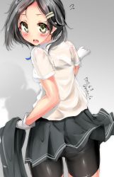 Rule 34 | 10s, 1girl, ass, bike shorts, bike shorts under skirt, black hair, blush, cowboy shot, dated, flying sweatdrops, gloves, gradient background, grey background, hair ornament, hairclip, highres, kantai collection, kuroshio (kancolle), looking at viewer, mokufuu, see-through, shadow, short hair, short sleeves, solo, twitter username, white gloves, yellow eyes