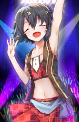 Rule 34 | 10s, 1girl, :d, ^ ^, arm up, armpits, bad id, bad pixiv id, bare arms, bare shoulders, belt, black hair, black vest, blush, cheunes, closed eyes, collarbone, crop top, facing viewer, flat chest, glowstick, gold trim, hair between eyes, hair ornament, hand up, highres, idol, light particles, midriff, miniskirt, mizuno ai, navel, open mouth, pleated skirt, red shirt, red skirt, shirt, short hair, skirt, sleeveless, sleeveless shirt, smile, solo, stage lights, stomach, upper body, vest, wing collar, zombie land saga