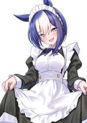 Rule 34 | 1girl, :d, alternate costume, animal ears, apron, black dress, blue hair, braid, cesario (umamusume), clothes lift, commentary, crown braid, dress, dress lift, enmaided, frilled apron, frills, hair between eyes, herohero (higashi no dou), highres, horse ears, horse girl, juliet sleeves, lifted by self, long sleeves, looking at viewer, maid, maid apron, maid headdress, multicolored hair, open mouth, puffy sleeves, purple eyes, short hair, simple background, smile, solo, two-tone hair, umamusume, waist apron, white apron, white background, white hair