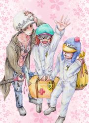 Rule 34 | 3boys, abstract background, absurdres, bag, earflap hat, hat, hat pompom, heart pirates, highres, jumpsuit, male focus, multiple boys, one piece, suitcase, sunglasses