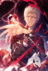 Rule 34 | 1boy, archer (fate), armor, bad id, bad pixiv id, blood, blood on face, collar, dark-skinned male, dark background, dark skin, facing viewer, fate/stay night, fate (series), gem, grey hair, h sueun, highres, injury, jacket, jewelry, long sleeves, male focus, open mouth, pendant, red gemstone, sim, solo, spoilers, teeth, unlimited blade works (fate), upper body, white hair