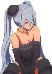Rule 34 | 10s, 1girl, bad id, bad pixiv id, bare shoulders, black dress, boots, breasts, cleavage, doll joints, dress, elbow gloves, female focus, frilled dress, frills, gloves, granblue fantasy, grey hair, hair between eyes, hat, highres, jewelry, joints, knee boots, long hair, looking to the side, mini hat, necklace, orchis, red eyes, shingeki no bahamut, sitting, smile, solo, sonri, strapless, strapless dress, twintails, very long hair, white background