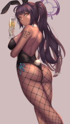 Rule 34 | 1girl, animal ears, ass, bare shoulders, black hair, black leotard, blue archive, bow, breasts, closed mouth, commentary request, cup, dark-skinned female, dark skin, detached collar, fake animal ears, fishnet pantyhose, fishnets, fluffydus, from behind, gloves, gluteal fold, halo, high ponytail, highleg, highleg leotard, highres, holding, holding cup, huge ass, jewelry, karin (blue archive), karin (bunny) (blue archive), large breasts, leotard, long hair, looking at viewer, number tattoo, pantyhose, playboy bunny, rabbit ears, rabbit tail, shoulder tattoo, sidelocks, skindentation, tail, tattoo, very long hair, white background, white gloves, wrist cuffs, yellow eyes