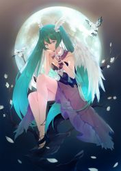 Rule 34 | 1girl, absurdres, angel wings, bird, black footwear, blue eyes, blue hair, closed mouth, collarbone, detached collar, dress, feathered wings, full body, full moon, gradient hair, green hair, hair between eyes, hatsune miku, highres, holding, huge filesize, layered dress, long hair, looking at viewer, moon, multicolored hair, petals, samuine8, sitting, sleeveless, sleeveless dress, smile, solo, strapless, strapless dress, twintails, very long hair, vocaloid, white bird, white wings, wing collar, wings