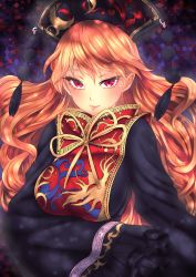Rule 34 | 1girl, black dress, blonde hair, breast hold, breasts, chikado, chinese clothes, closed mouth, colored eyelashes, colorized, crescent, derivative work, dress, frilled sleeves, frills, gradient background, hat, highres, junko (touhou), kuromen, kuroteru (just-shiny), long hair, long sleeves, looking at viewer, moon, orange hair, patterned background, red eyes, sleeves past wrists, slit pupils, smile, solo, swept bangs, tabard, tassel, touhou, upper body, very long hair, wide sleeves
