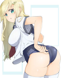 Rule 34 | 1girl, adjusting clothes, adjusting swimsuit, aqua eyes, ass, back, bare shoulders, blonde hair, blue background, blue one-piece swimsuit, blue sailor collar, blunt bangs, blush, breasts, from behind, hair ornament, hairclip, kinako (mzknk0), large breasts, long hair, looking back, neckerchief, no pants, one-piece swimsuit, open mouth, sailor collar, school swimsuit, school uniform, senran kagura, senran kagura shoujo-tachi no shin&#039;ei, serafuku, shiny skin, skindentation, solo, swimsuit, swimsuit under clothes, thighhighs, two-tone background, white background, white serafuku, white thighhighs, yomi (senran kagura)