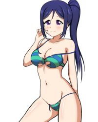 Rule 34 | 1girl, arm behind back, bare shoulders, bikini, blue hair, blush, breasts, closed mouth, collarbone, commentary, dot nose, english commentary, groin, hand up, high ponytail, highres, large breasts, light smile, long hair, looking to the side, love live!, love live! sunshine!!, matsuura kanan, mnkr98, navel, purple eyes, shiny skin, simple background, solo, strap slip, striped, swimsuit, thighs, torn bikini, torn clothes, untied bikini, white background