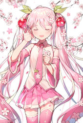 Rule 34 | 1girl, azit (down), cherry blossoms, cherry hair ornament, closed eyes, cowboy shot, detached sleeves, food-themed hair ornament, hair ornament, hatsune miku, highres, long hair, necktie, open mouth, pink hair, pink skirt, pink thighhighs, pleated skirt, sakura miku, skirt, solo, thighhighs, twintails, very long hair, vocaloid, white background