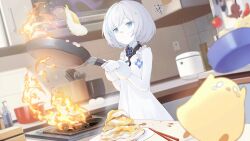 Rule 34 | 1girl, annoyed, artist request, azur lane, bandaid, bandaid on hand, blue eyes, blue hair, chopsticks, closed mouth, colored eyelashes, colored skin, cooking, dress, egg (food), fire, food, food on face, four-leaf clover necklace, fried egg, frying pan, game cg, halter dress, halterneck, highres, holding, holding frying pan, indoors, jewelry, kitchen, looking at viewer, manjuu (azur lane), multicolored hair, necklace, non-web source, official art, open mouth, pale skin, short hair, squiggle, streaked hair, sundress, tb (azur lane), two-tone hair, white dress, white hair, white skin, wrist cuffs