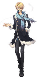Rule 34 | 1boy, absurdres, black eyes, black pants, blonde hair, blue shirt, cigarette, coat, full body, fur trim, grin, hair over one eye, hand in pocket, highres, jacket, long image, male focus, one piece, pants, sanji (one piece), scarf, shirt, shoes, simple background, smile, smoke, smoking, solo, standing, tall image, white background, yukinell