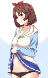 Rule 34 | 1girl, absurdres, black panties, blue background, blue eyes, blue skirt, blush, bow, bow panties, brown hair, closed mouth, clothes lift, collarbone, commentary request, groin, hair ribbon, high school fleet, highres, hirota sora, hood, hood down, hoodie, kapatarou, lifted by self, long sleeves, looking at viewer, looking to the side, navel, panties, panty pull, pleated skirt, profile, pulled by self, red ribbon, ribbon, school uniform, serafuku, shirt, skirt, skirt lift, smile, solo, two-tone background, underwear, white background, white hoodie, white shirt